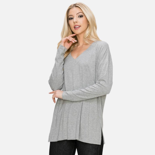 V-Neck Long Sleeve Top Featuring Side Slits