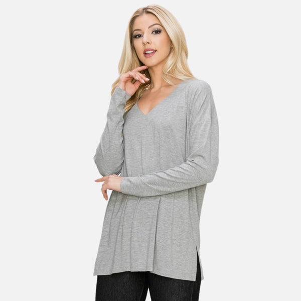 V-Neck Long Sleeve Top Featuring Side Slits