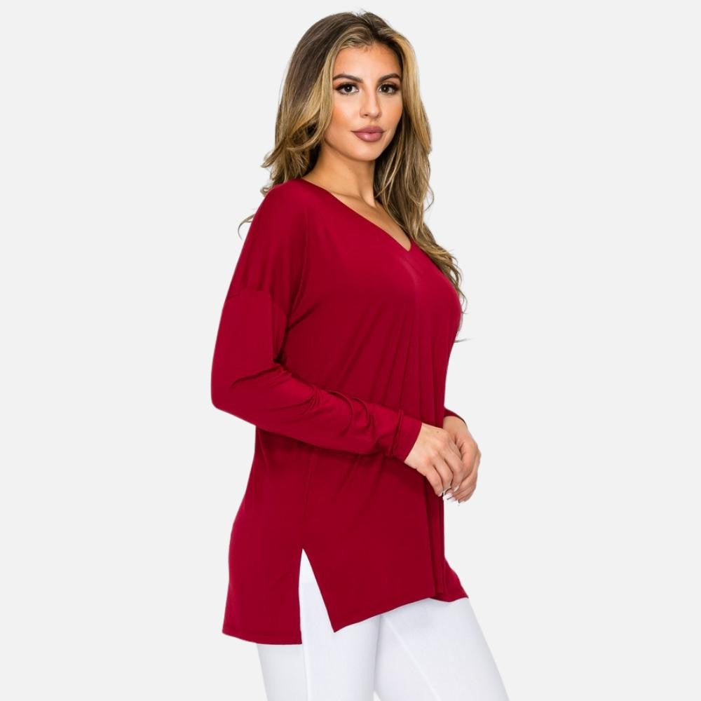 Wine V-Neck Long Sleeve Top Featuring Side Slits