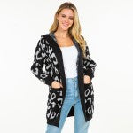 L/XL Knit Leopard Print Open Cardigan with Hood and Pockets