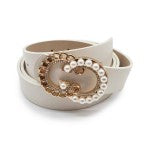 White Faux Leather Belt With Gold Tone Pearl And Rhinestone Belt Buckle