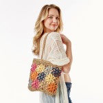 Crocheted Flower Straw Shoulder Tote Bag