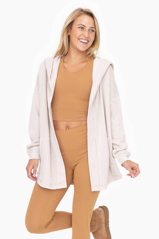 Mineral Washed Fleece Hooded Cardigan TAN