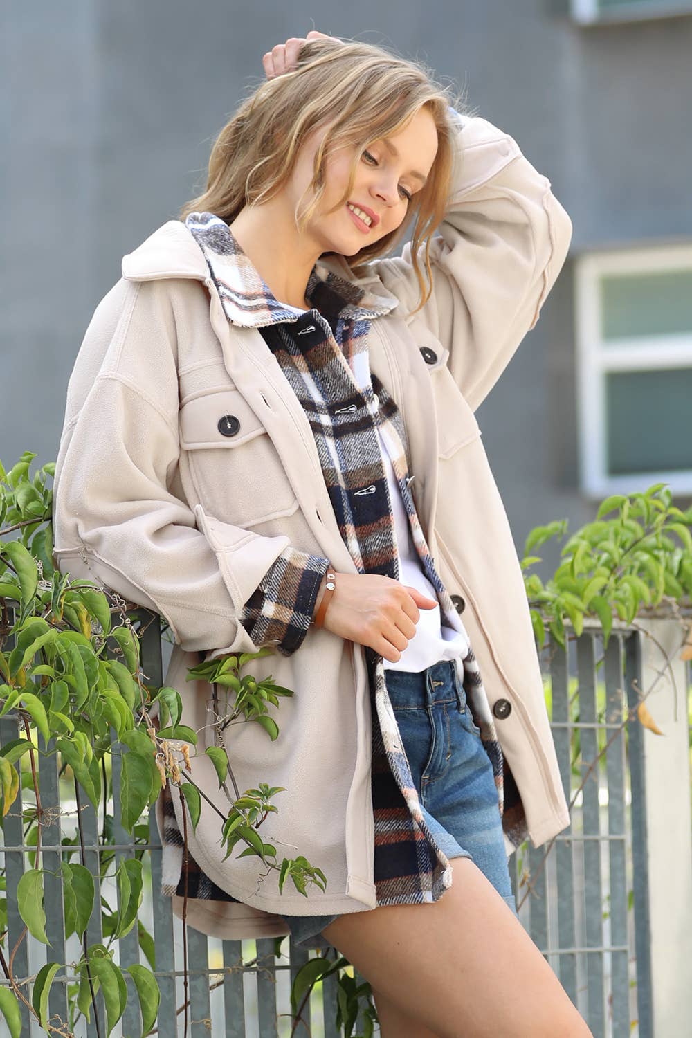 Zenana Sand Beige Oversized Fleece Shacket w/ elbow patch