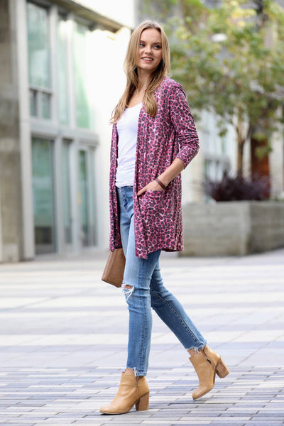 Small LEOPARD MID-THIGH SLOUCHY POCKET OPEN CARDIGAN