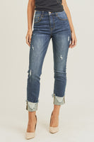 Dark MID RISE FRAYED CUFF ANKLE STRAIGHT Risen Jeans