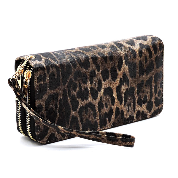 Brown Leopard Double Zip Around Wallet Wristlet