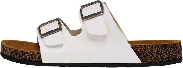 Norty Women's Slip On Flat Slide Sandals with 2 Strap Adjustable Buckles 41892-  White