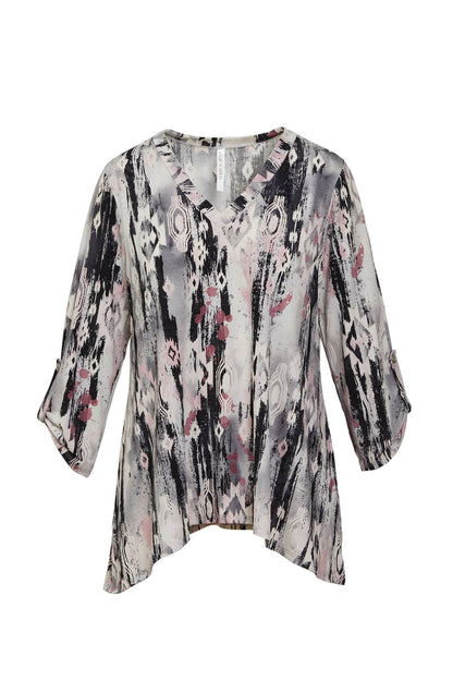 Dear Scarlett Print 3/4 Sleeve V Neck Knit Top Shirt CHARCOAL BLUSH