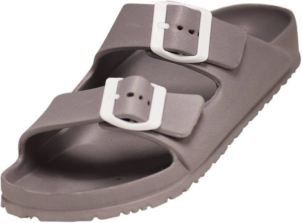 Norty Women's Indoor Outdoor 2 Strap Adjustable Buckles Slide Sandal - 41956 - Grey