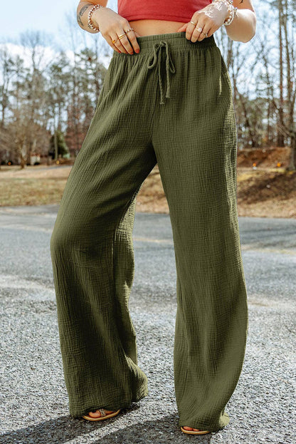 Green Crinkle Textured Wide Leg Pants Little Daisy