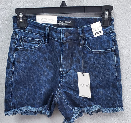 150196 Mid Rise Leopard Print Fray Hem Jean Shorts