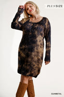 Umgee Tie Dye Long Sleeve Button Front Ribbed Dress with Raw Edged Round Hem